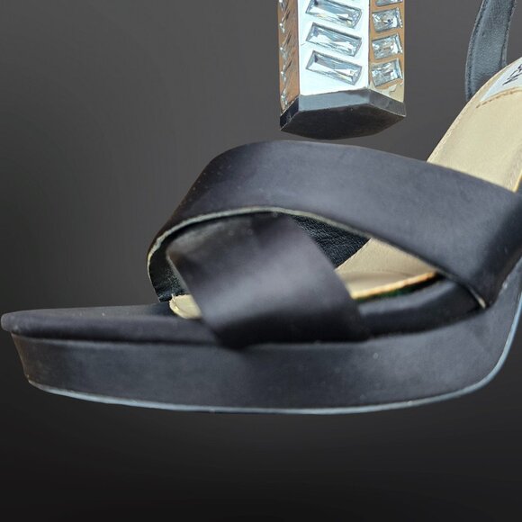 Y2K Steve Madden Rhinestone Chunky Heels Size 7.5 Black Satin Silver Ankle Strap - Picture 4 of 12